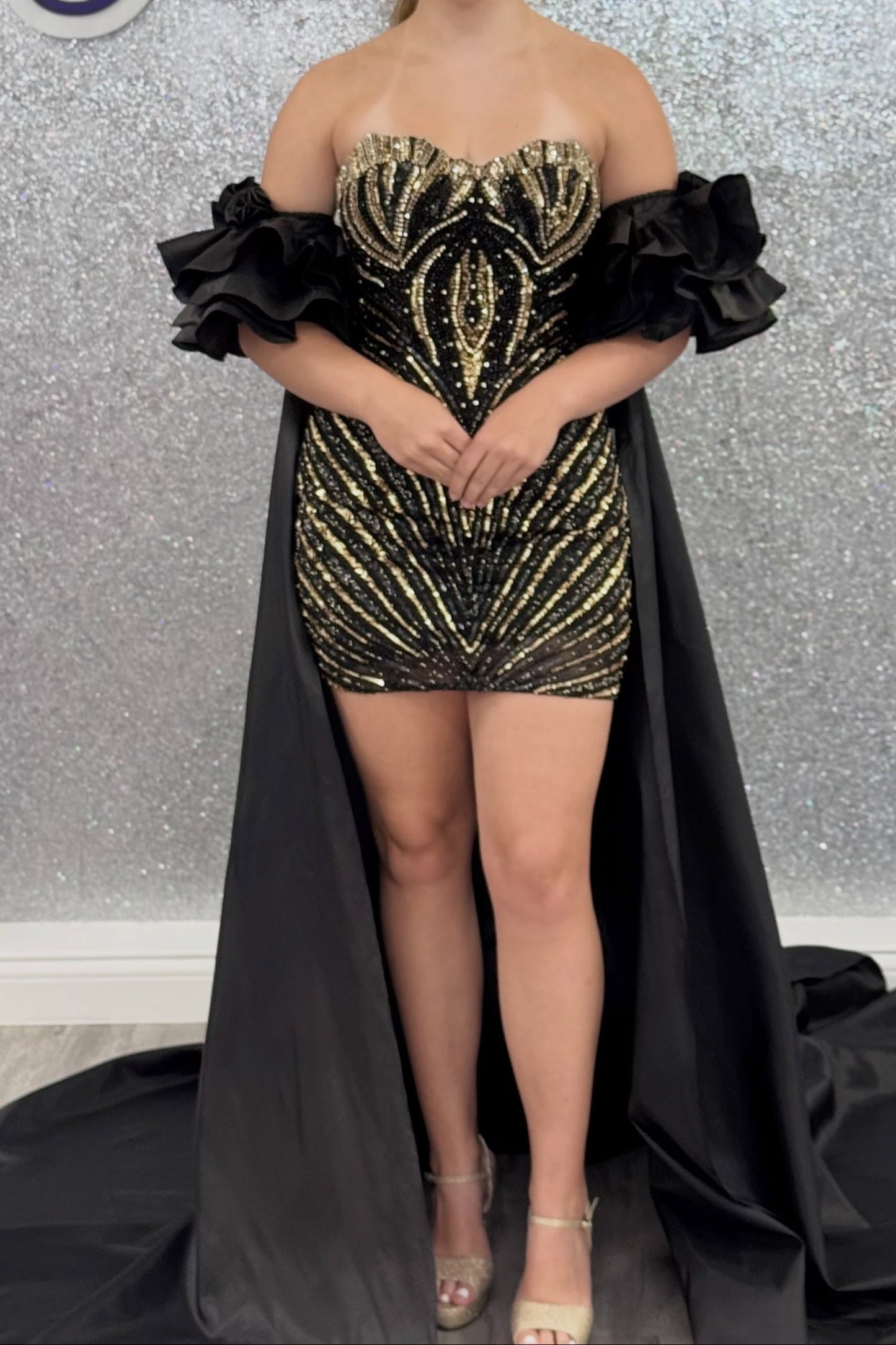 Off-Shoulder Sequin Mini Dress with Cape Train