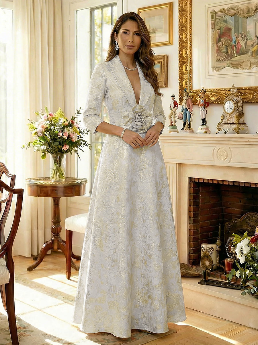 Metallic Jacquard A-Line Evening Gown with 3/4 Sleeves