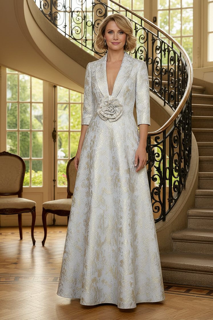 Metallic Jacquard A-Line Evening Gown with 3/4 Sleeves