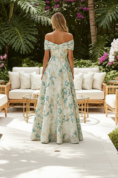 Floral Jacquard Off-the-Shoulder A-Line Evening Dress