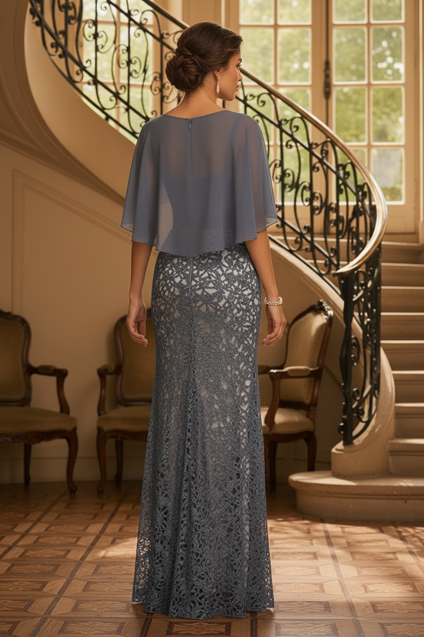 Lace Mermaid Evening Gown with Chiffon Capelet