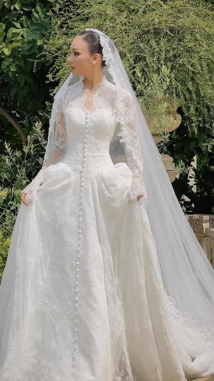 Illusion Lace Long Sleeve Ball Gown Wedding Dress