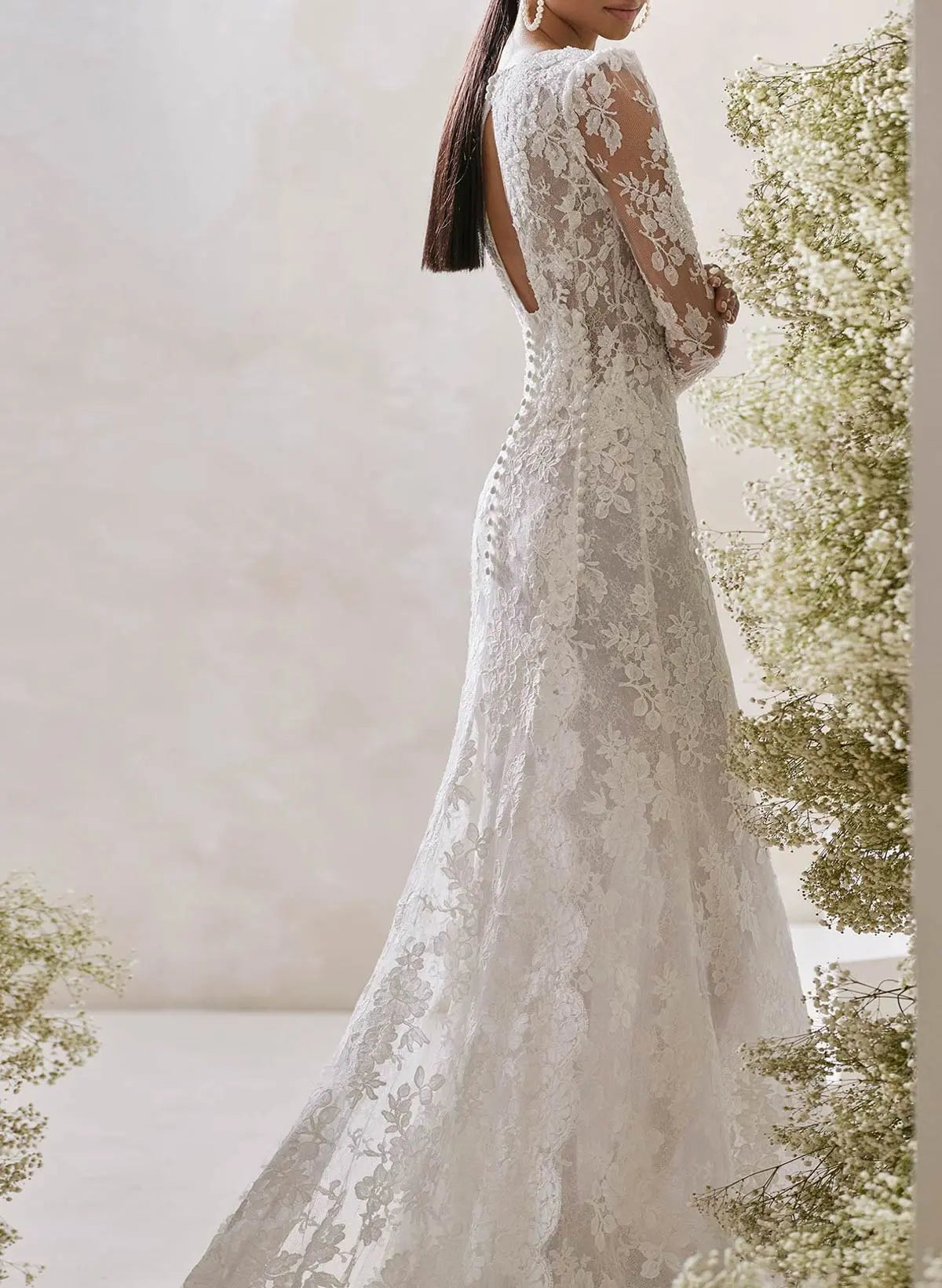 Lace Long Sleeve A-Line Wedding Dress with Open Back