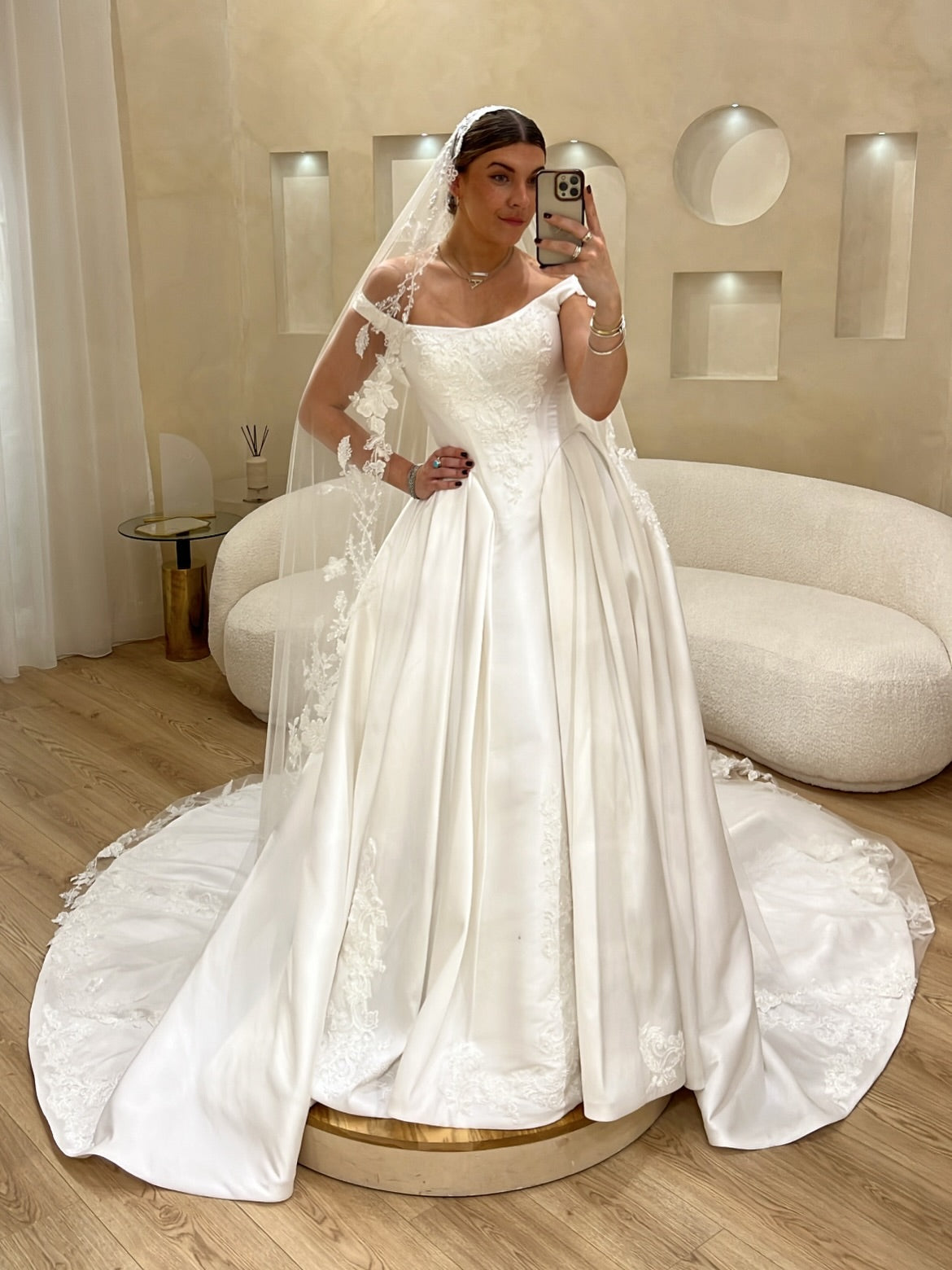 Off-the-Shoulder Satin Ball Gown Wedding Dress