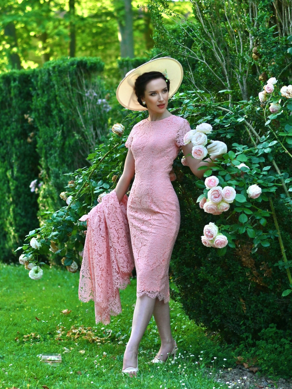 Belted Lace Midi Dress with Short Sleeves