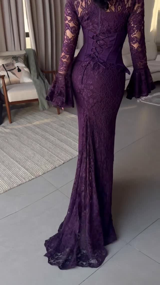 High-Neck Lace Maxi Dress with Corset Waist