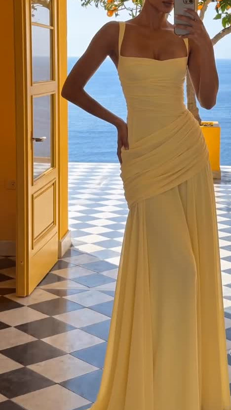 Square-Neck Sheath Gown with Side-Draped Waist