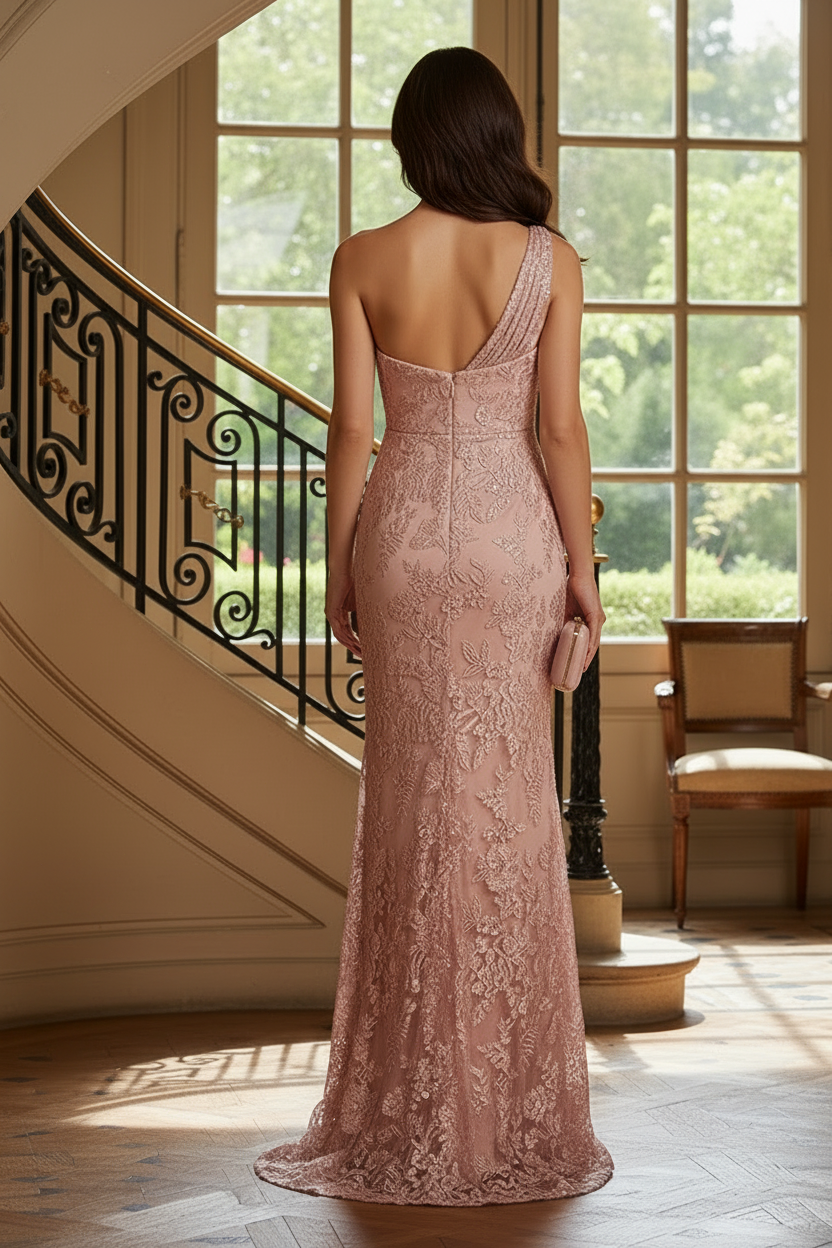 One-Shoulder Embroidered Lace Evening Gown