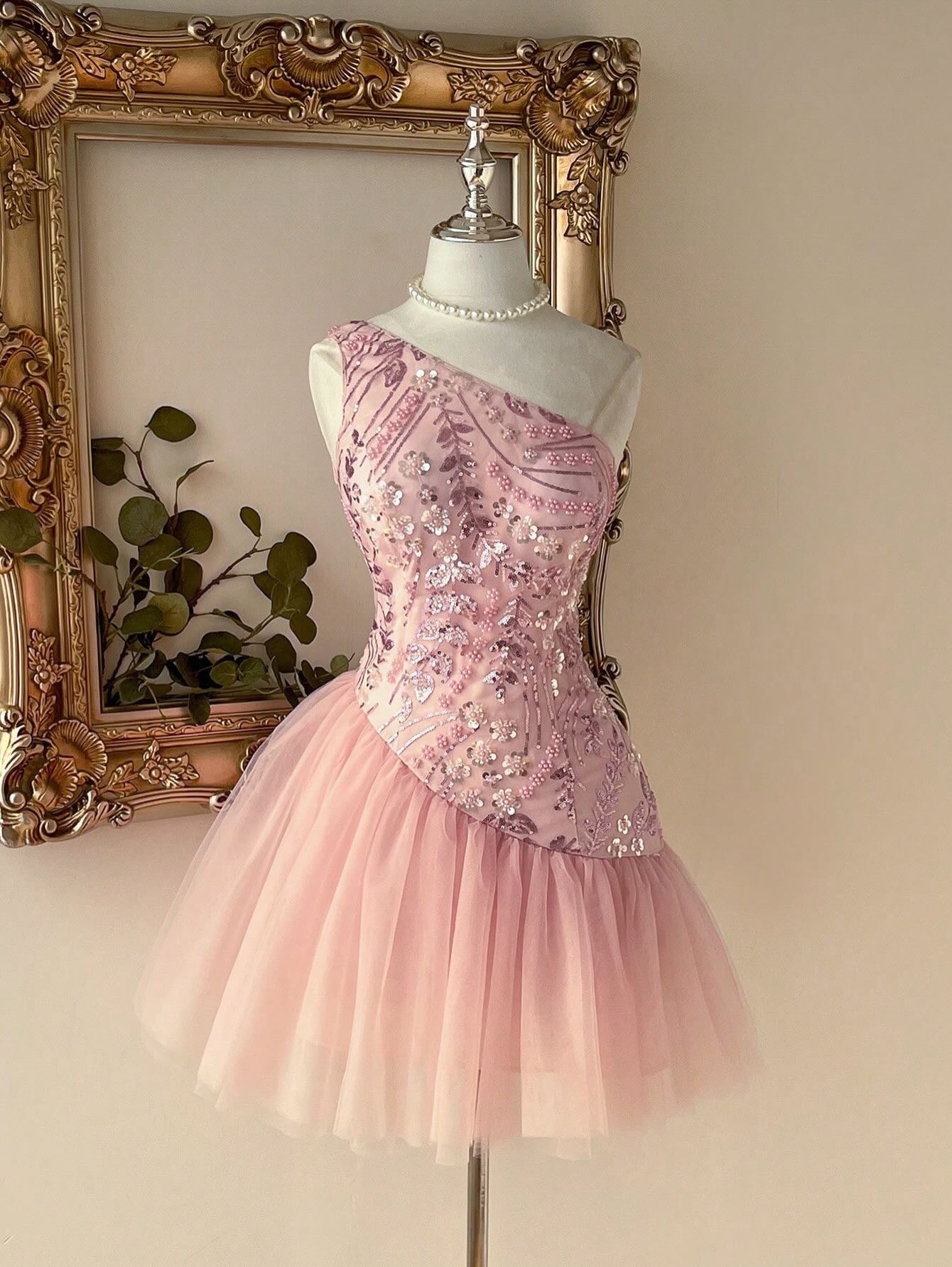One-Shoulder Beaded Tulle Homecoming Dress