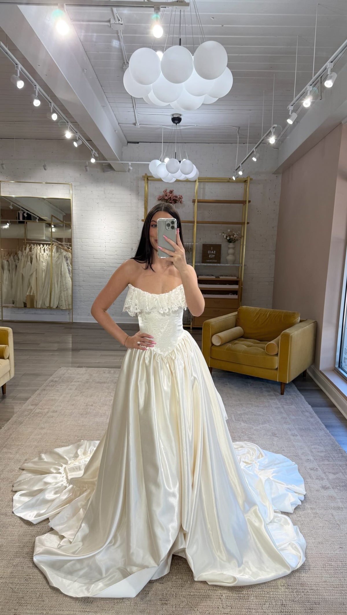 Strapless Lace Ruffle Basque Waist Ball Gown Wedding Dress