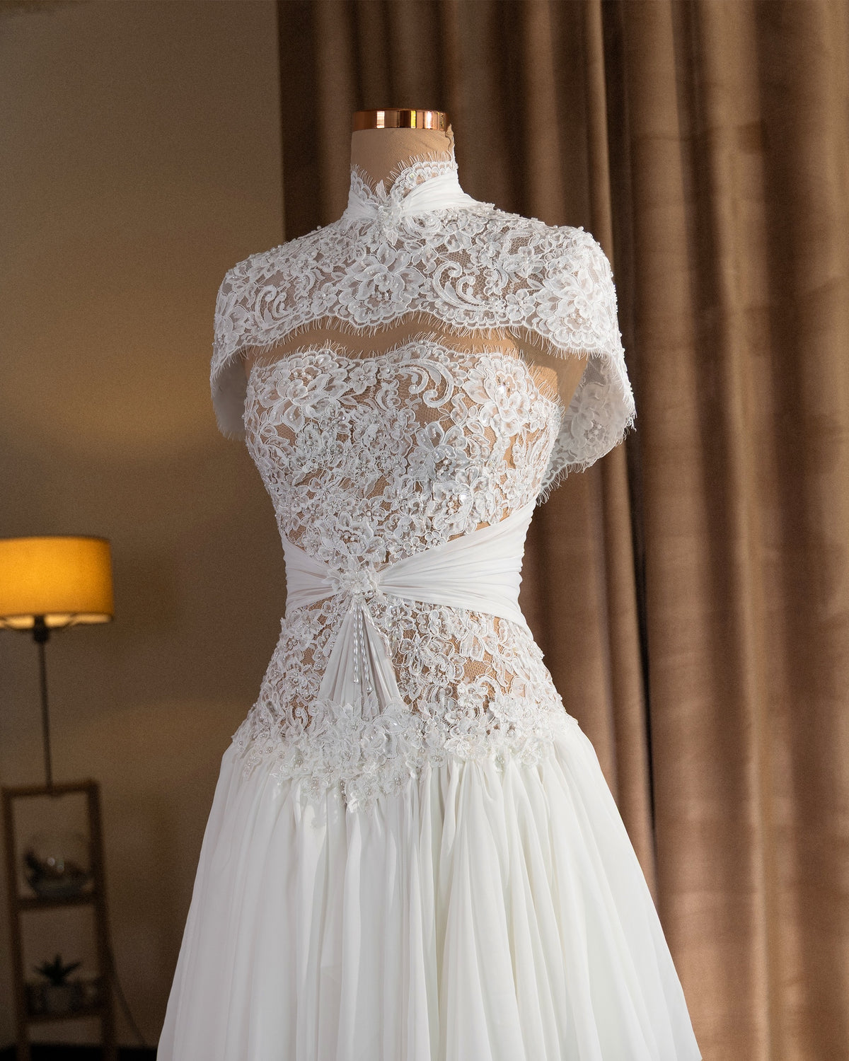 Lace High Neck Capelet Mini Dress with Pleated Skirt