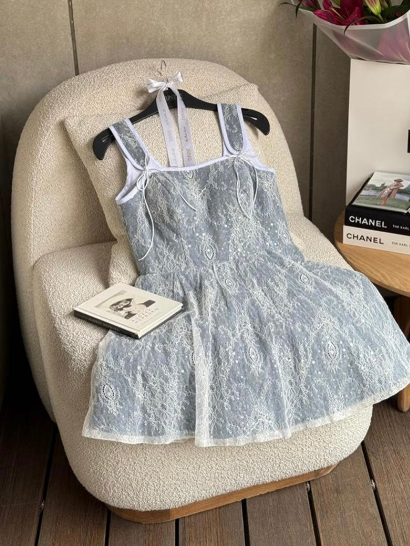 Lace Mini Dress with Contrast Trim and Bows