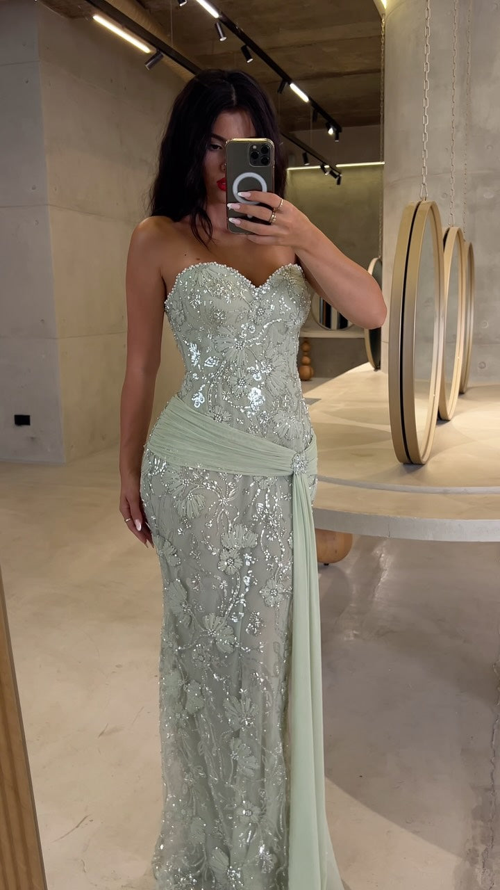 Strapless Floral Sequin Gown with Side Drape