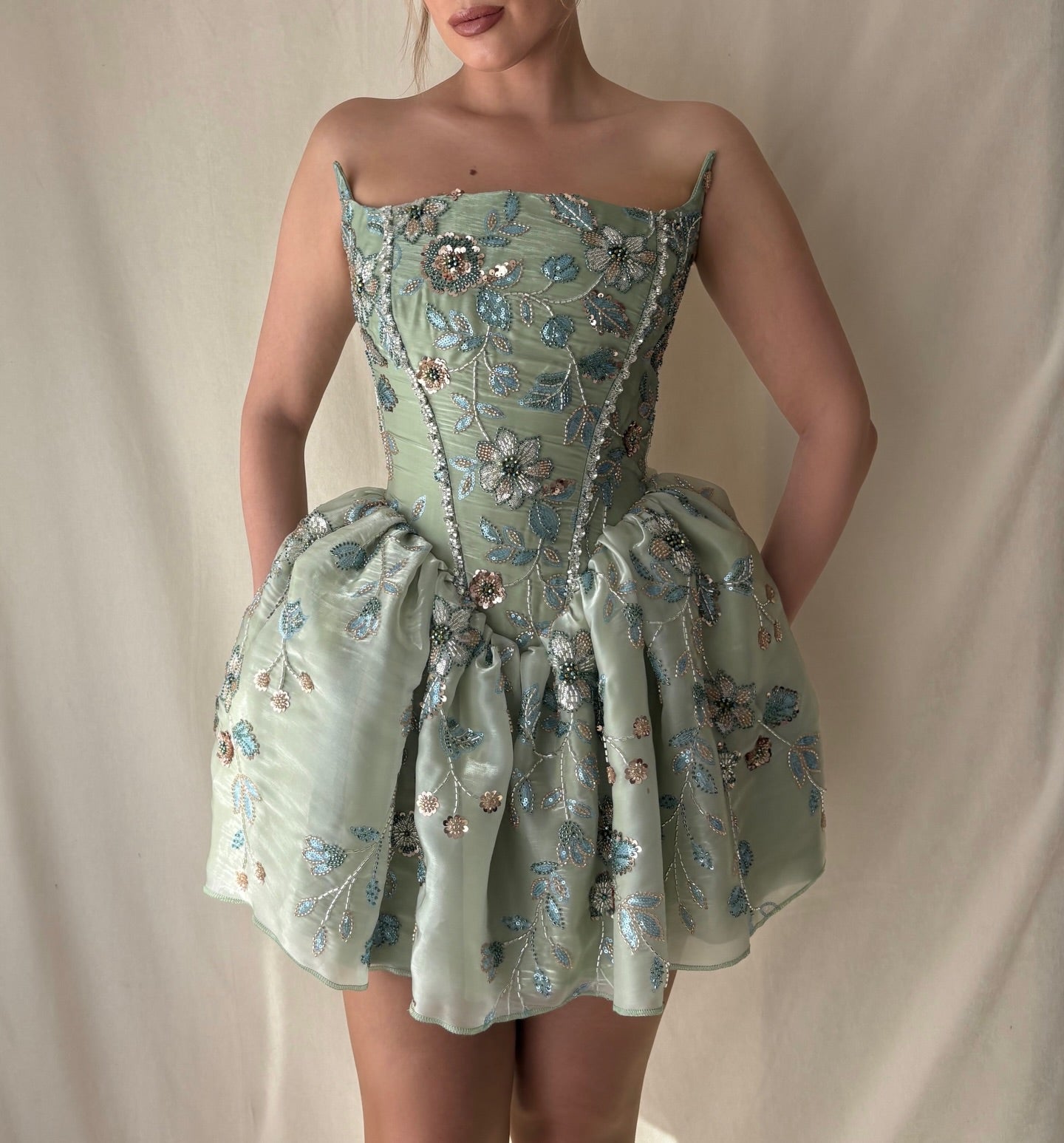 Floral Embroidered Corset Bubble Mini Dress