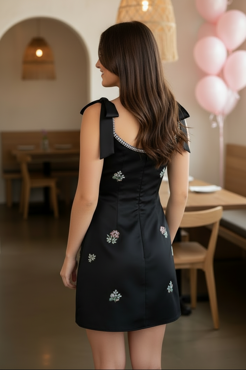 Embellished Floral A-Line Mini Dress with Shoulder Bows