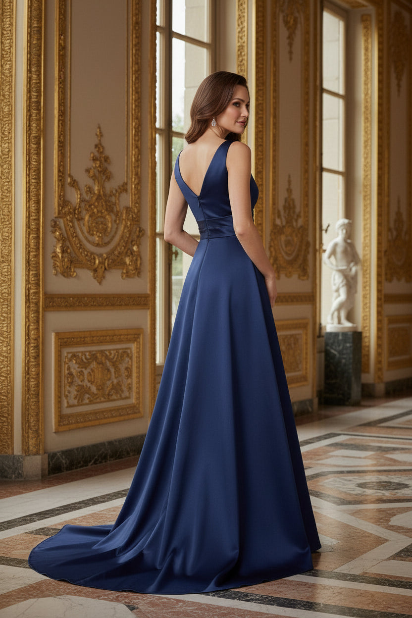 Sleeveless Pleated V-Neck Satin Gown with Train