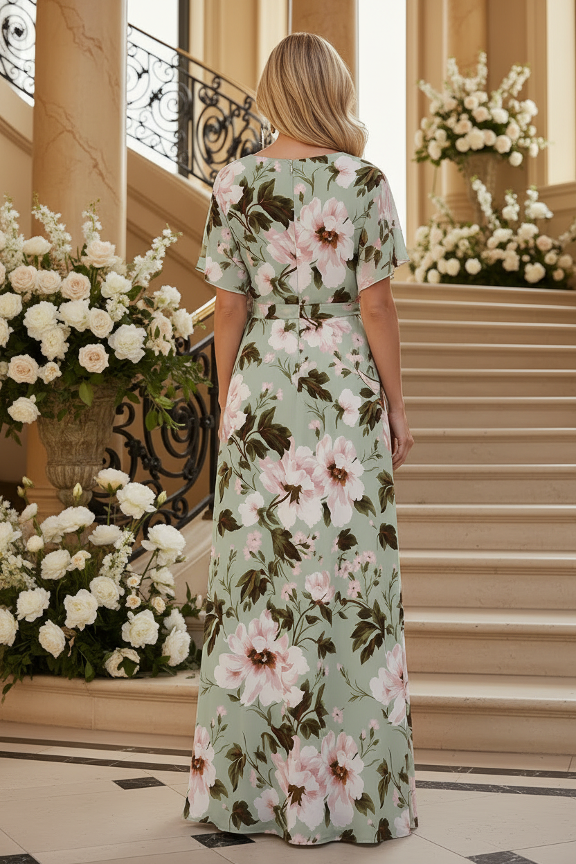 Ruched Waist Floral Chiffon Maxi Dress
