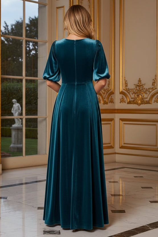 Puff Sleeve Velvet A-Line Maxi Dress