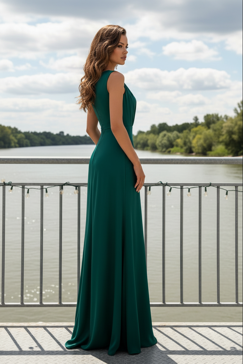 Sleeveless Keyhole Maxi Dress with Ruched Bodice