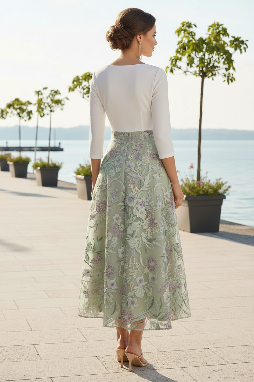 Two-Tone Floral Embroidered Tea-Length Mother of the Bride Dress with 3/4 Sleeves