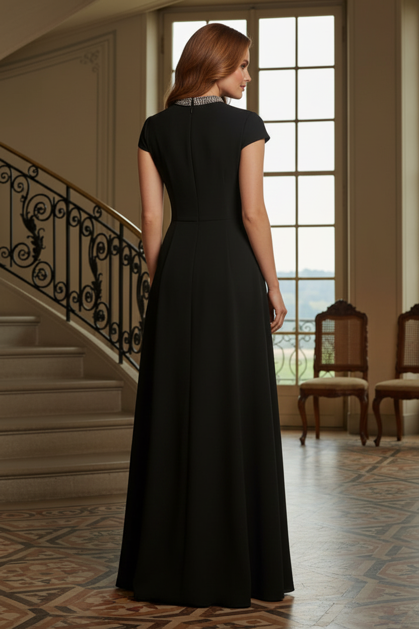 Crystal Collar Cap Sleeve Evening Gown