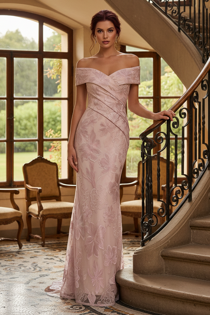 Off-The-Shoulder Floral Jacquard Evening Gown