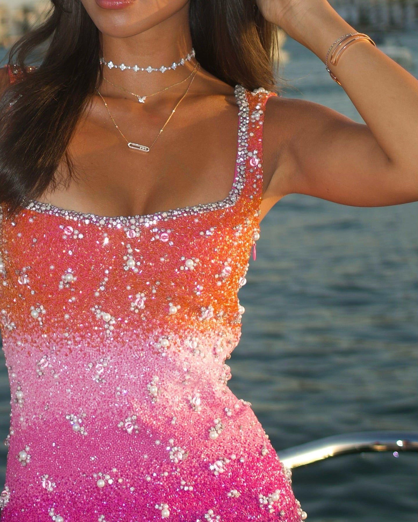 Beaded Ombre Scoop Neck Mini Dress