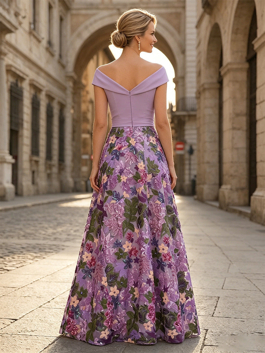 Elegant Off-Shoulder Floral A-Line Evening Gown