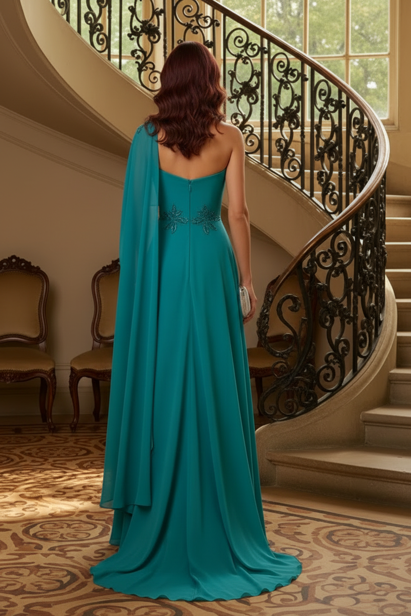 One-Shoulder Chiffon A-Line Gown with Cape