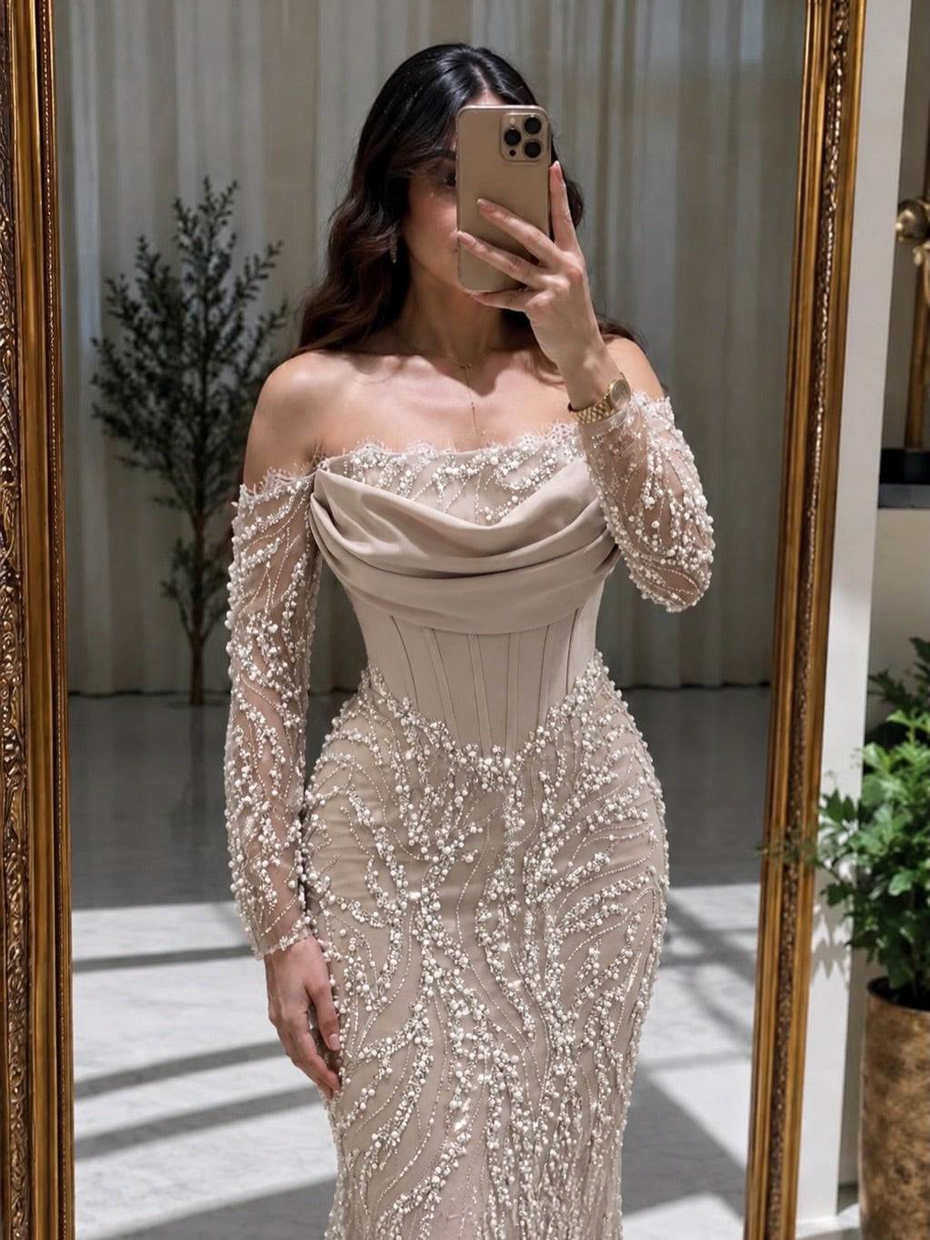 Pearl Beaded Corset Mermaid Gown with Sleeves
