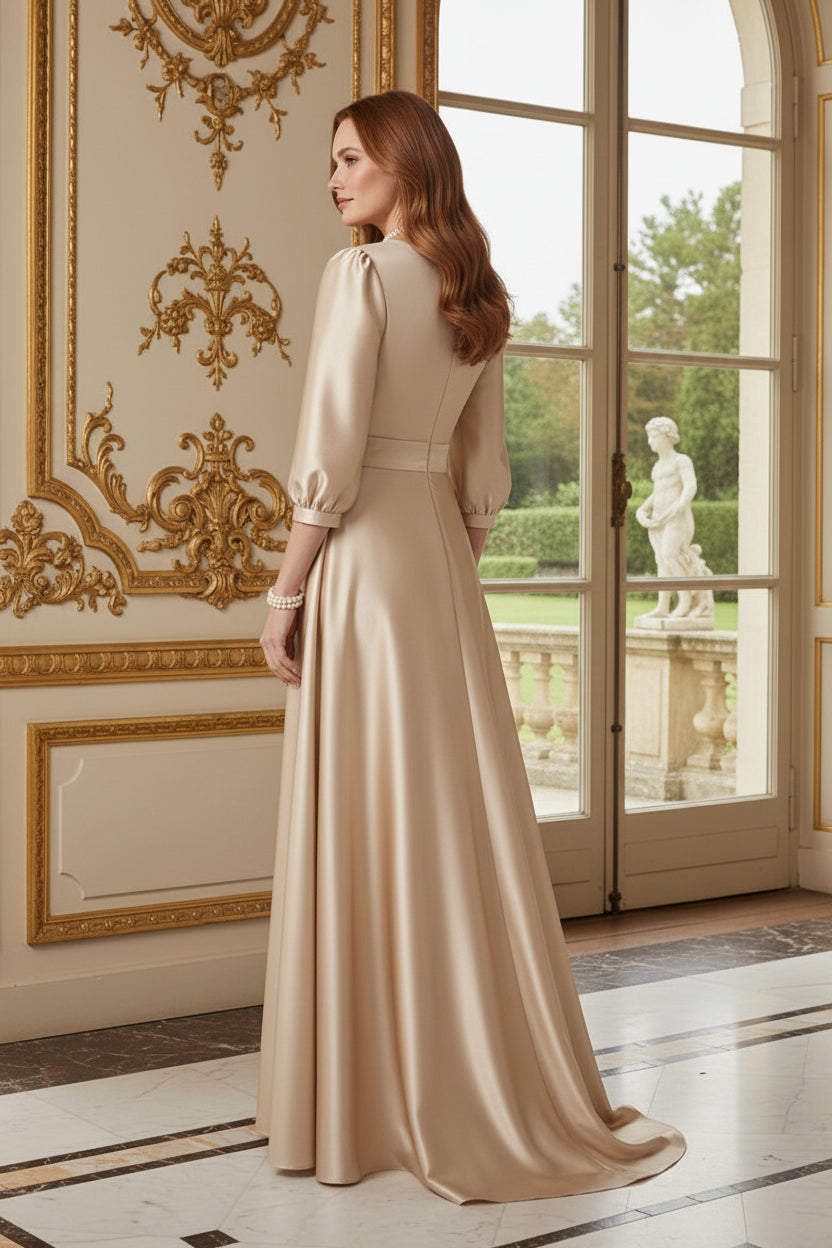 Pleated Bodice Satin A-Line Gown with 3/4 Sleeves