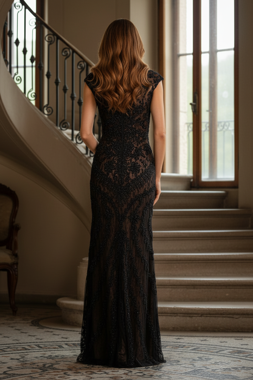 Beaded Lace Illusion Cap Sleeve Evening Gown