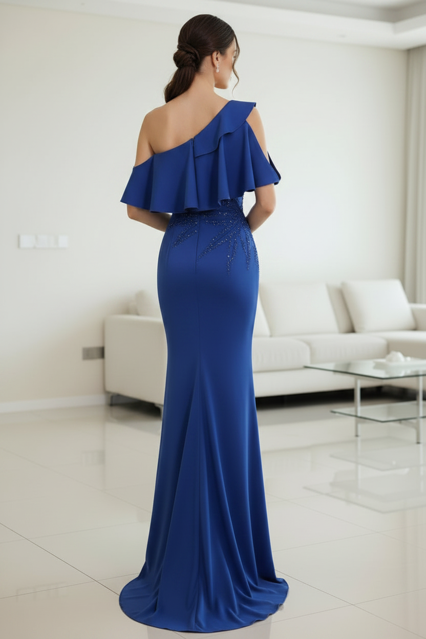 Royal Blue One-Shoulder Mermaid Evening Gown with Beaded Embellishments & Ruffle Cape Sleeve