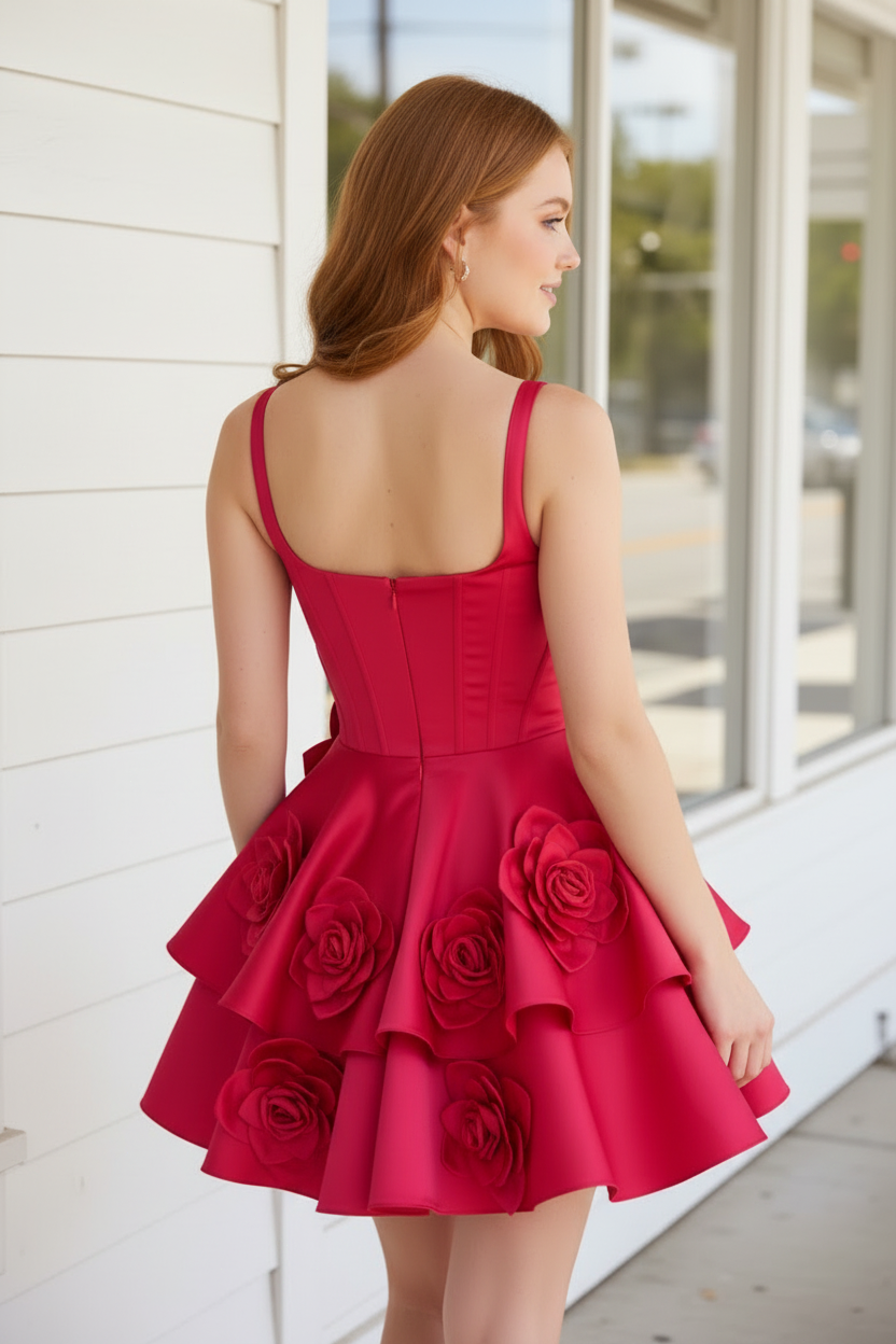 Corset Satin Tiered Mini Dress with 3D Flowers