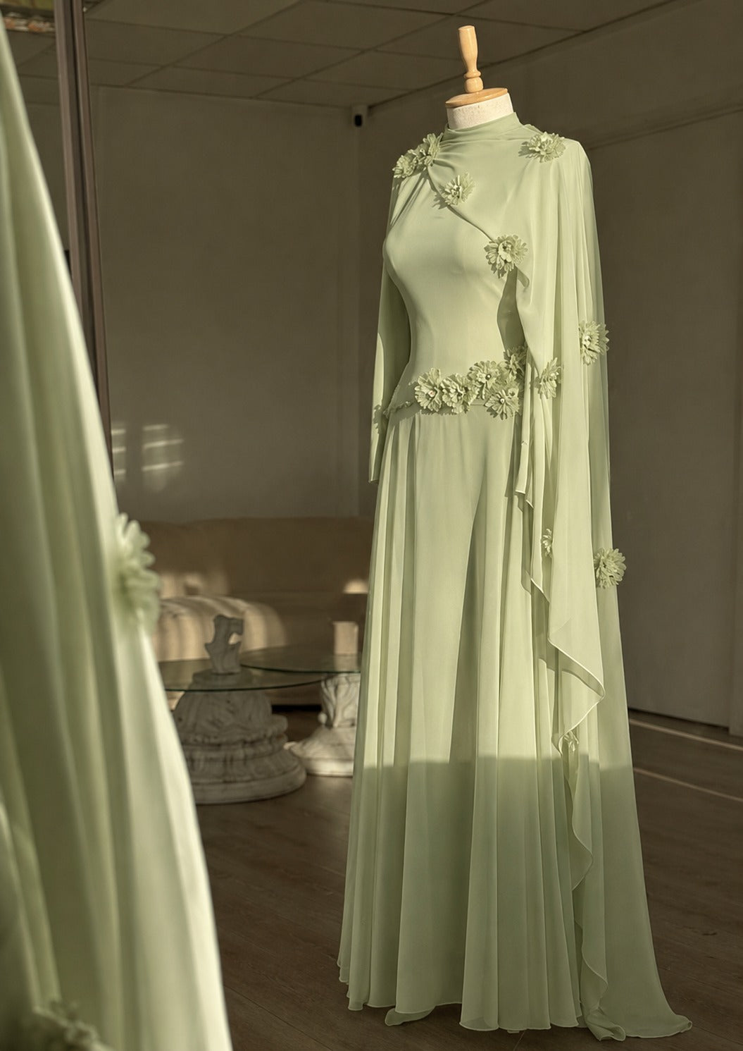 High Neck Cape Evening Gown with 3D Floral Appliques