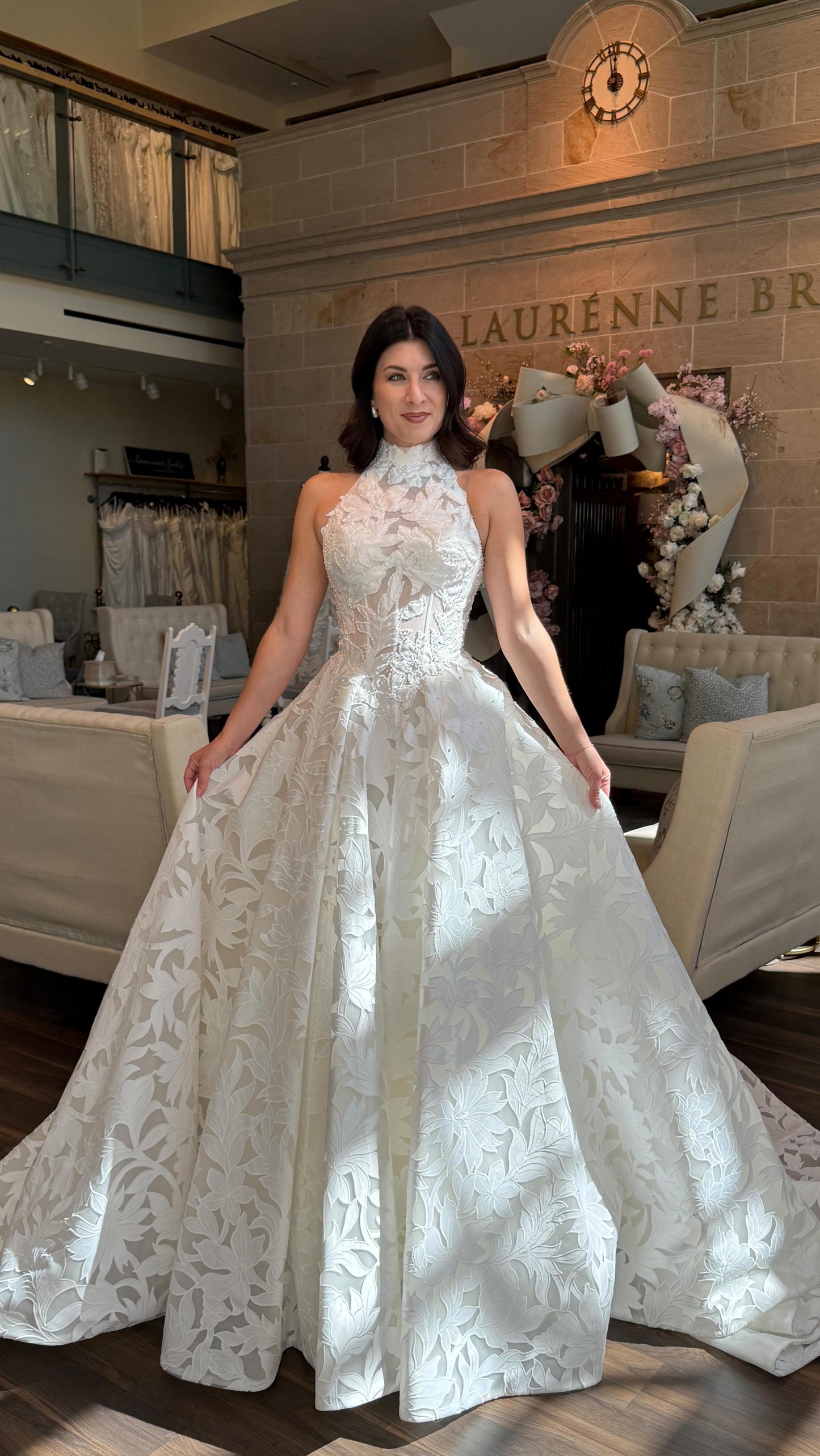 High Neck Halter Jacquard Ball Gown Wedding Dress