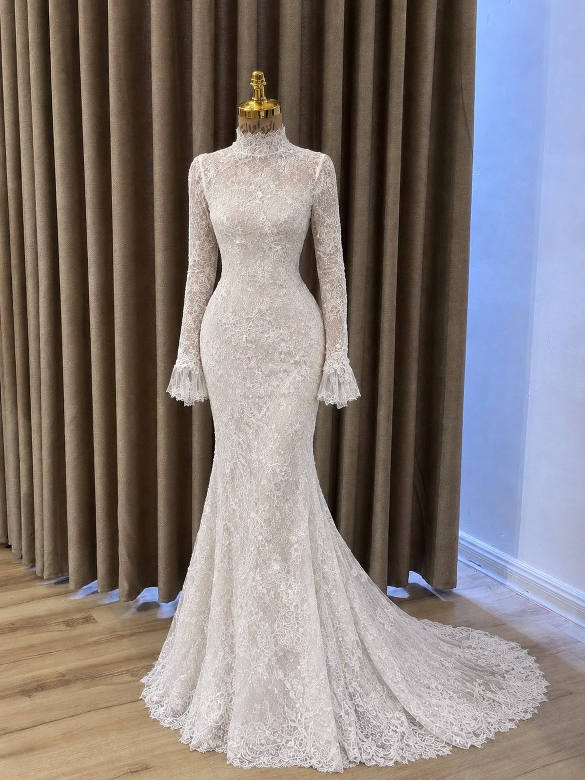 High-Neck Long Sleeve Mermaid Lace Wedding Dress