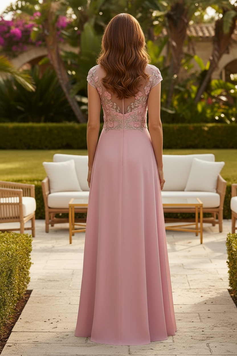 A-Line Chiffon Evening Gown with 3D Floral Bodice