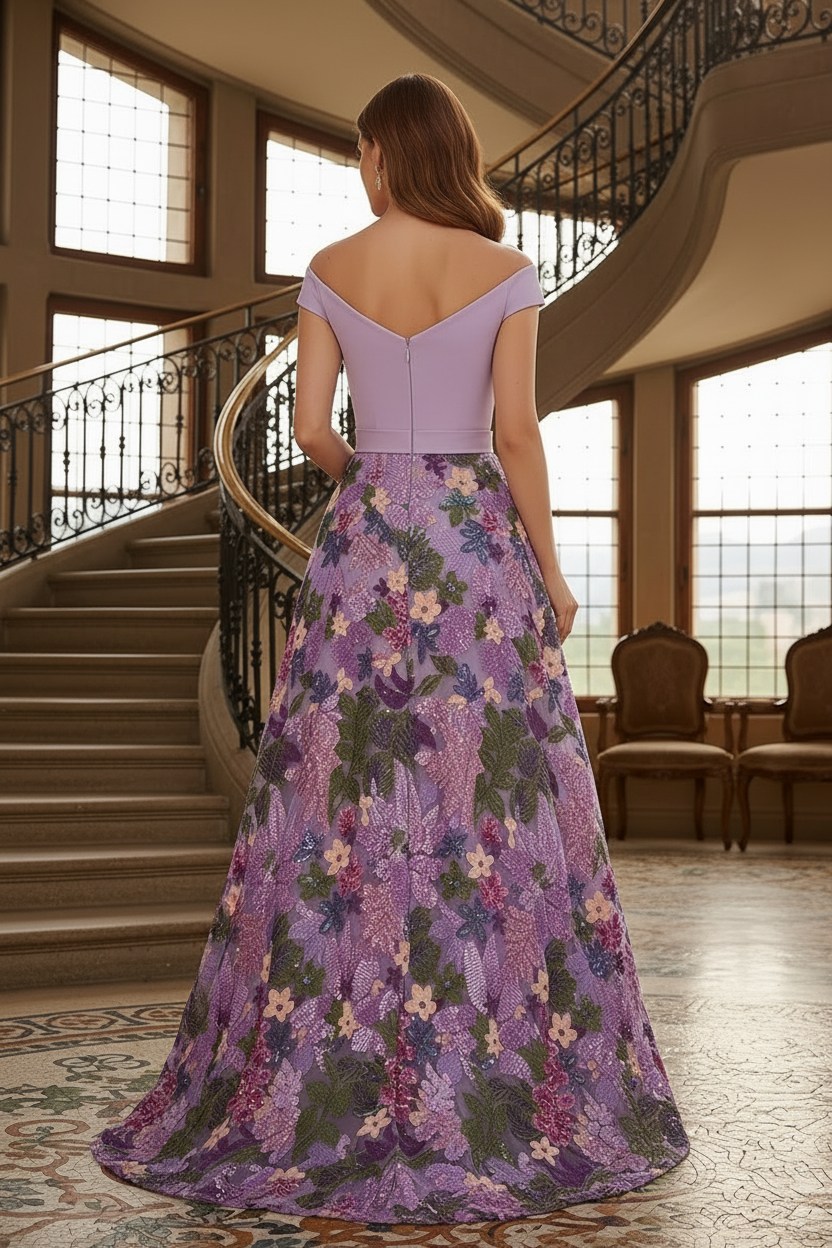 Elegant Off-Shoulder Floral A-Line Evening Gown