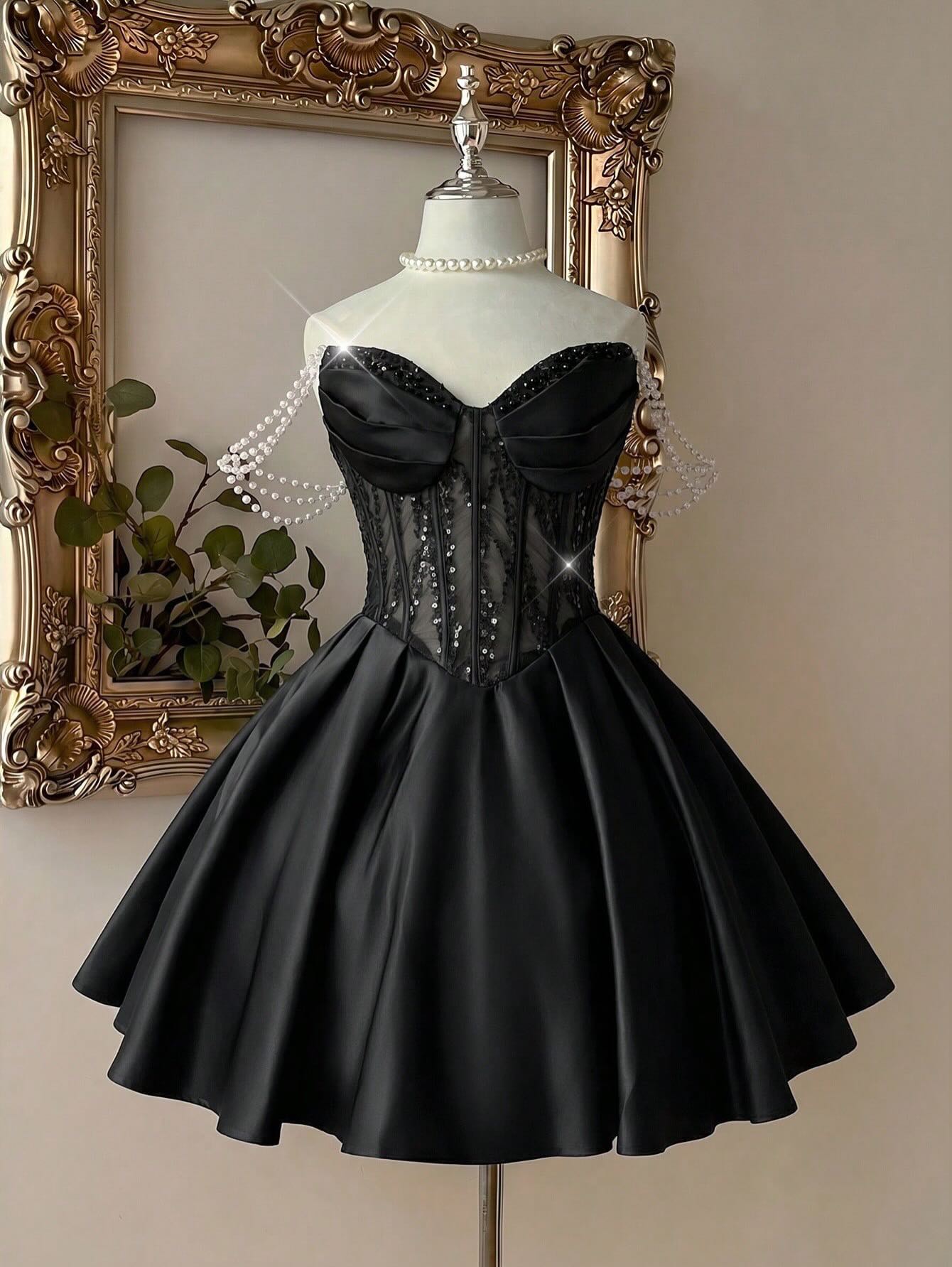 Sweetheart Corset A-Line Mini Dress with Pearl Straps