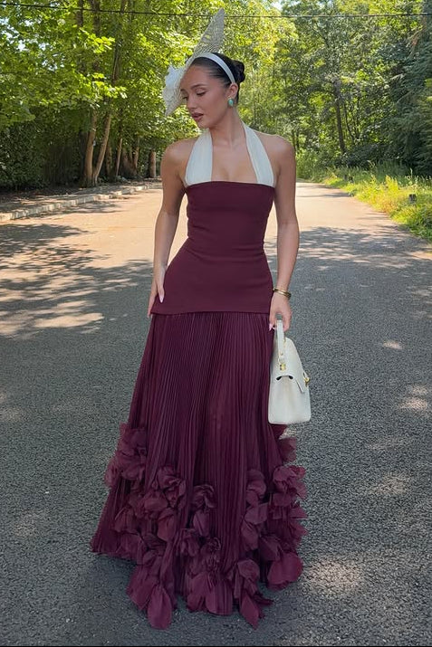 Halter Neck Pleated Maxi Dress with Ruffled Hem