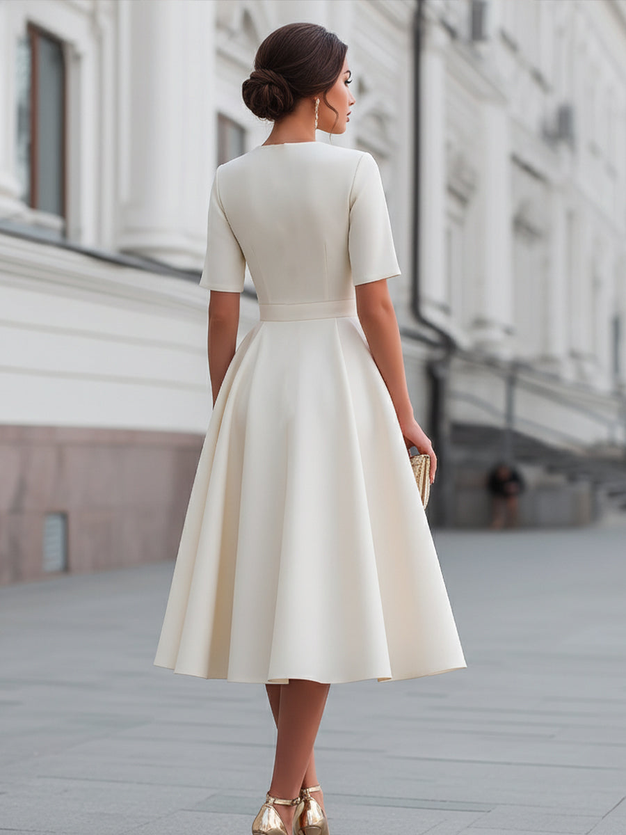 Front Zip Short Sleeve A-Line Midi Dress