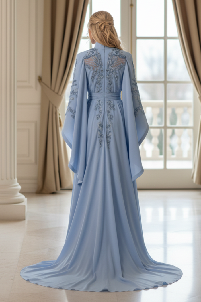 Embroidered Cape Sleeve Kaftan Evening Gown