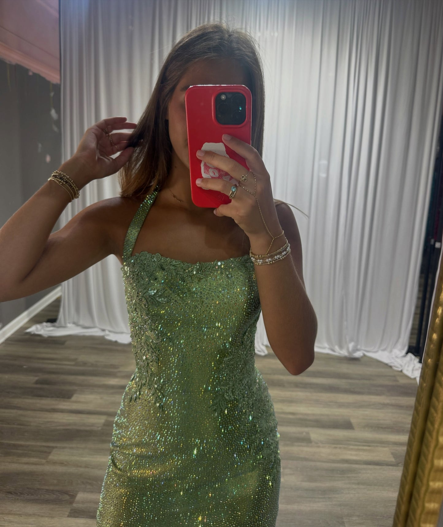 Halter Neck Sequin Lace Applique Mini Dress