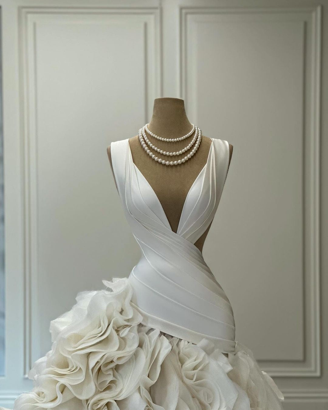 Deep V-Neck Pleated Bodice Ruffle Skirt Wedding Dress