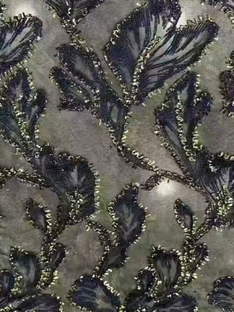 Sequin Leaf-Embroidered V-Neck Mesh Gown, 3/4 Sleeve