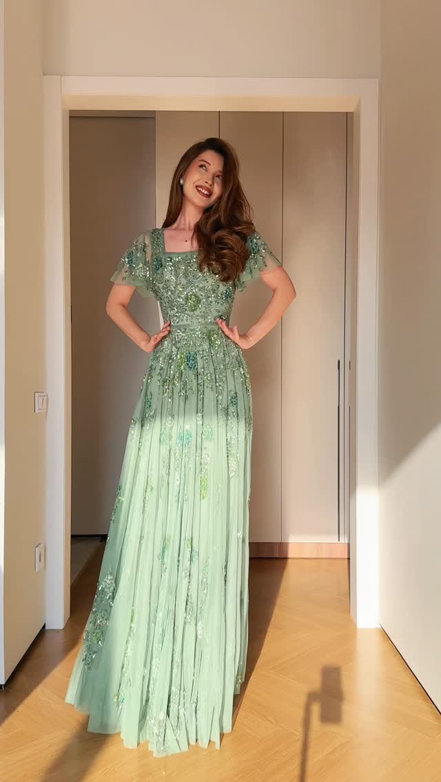 Embellished Flutter Sleeve Square Neck A-Line Gown