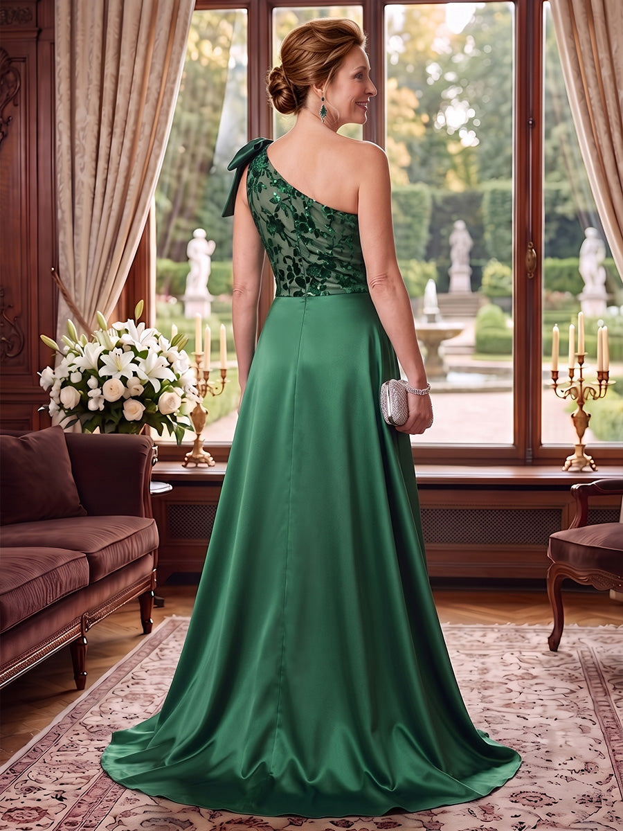 One-Shoulder Floral Applique Gown with Overskirt