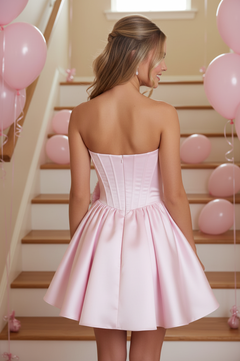Strapless Corset Satin Mini Dress with Pearl Bow