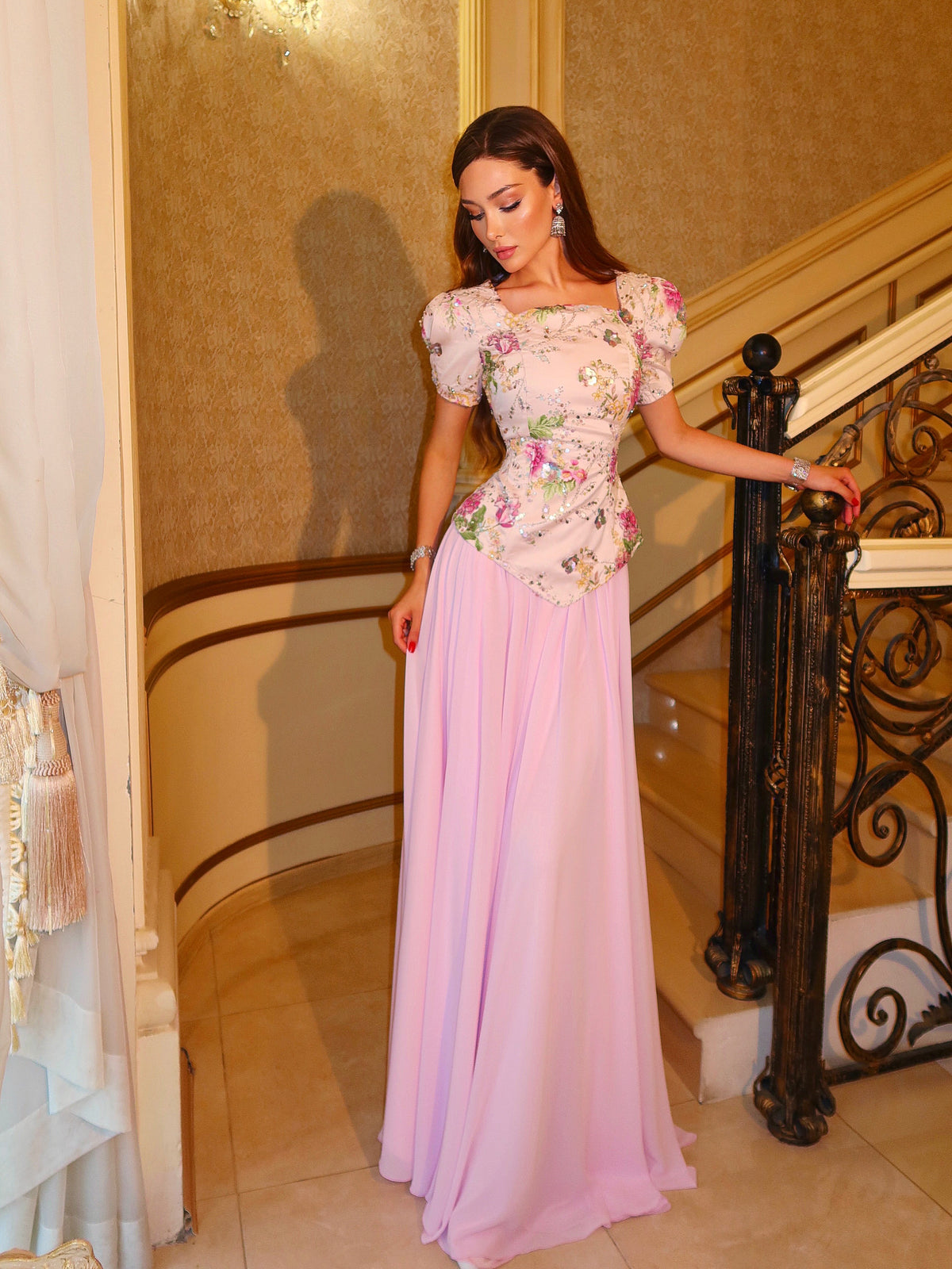 Floral Sequin Peplum Bodice Maxi Dress